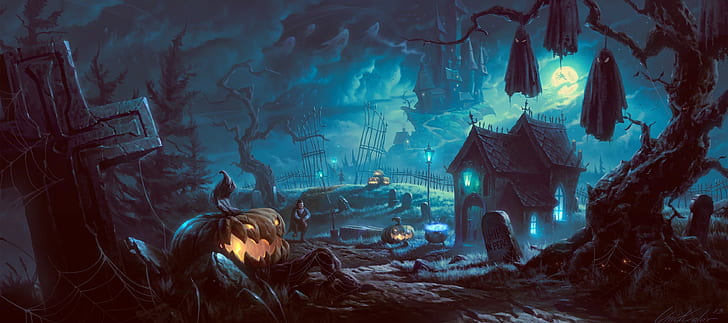 fantasy art, pumpkin, artwork, Halloween, forest