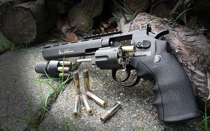 black revolver pistol, gun, ammunition, revolvers, Airsoft, weapon, HD wallpaper