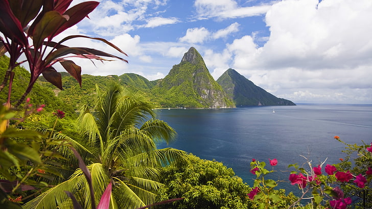 Mountain Peaks Gros Piton And Petit Piton In Saint Lucia Caribbean Islands Ocean,  Palm Trees Flowers Sky Clouds Landscape Nature 3840×2160