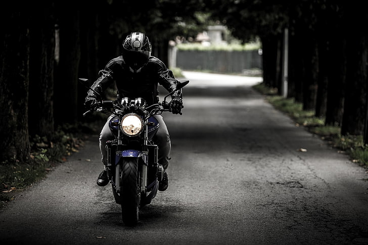 black motorcycle jacket, motorcyclist, biker, helmet, movement, HD wallpaper