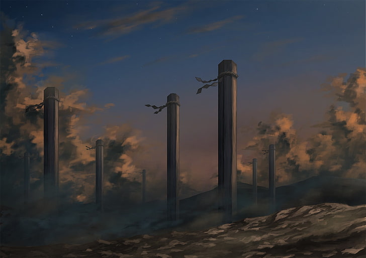 gray wooden posts illustration, landscape, fantasy art, sky, no people, HD wallpaper
