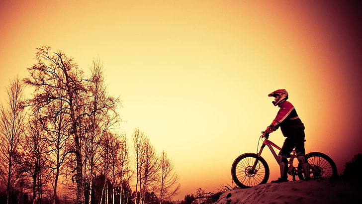 man wearing of red and black jacket riding on red bicycle, sunlight, HD wallpaper