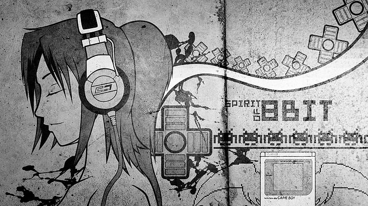 8Bit cartoon character poster, headphones, monochrome, GameBoy