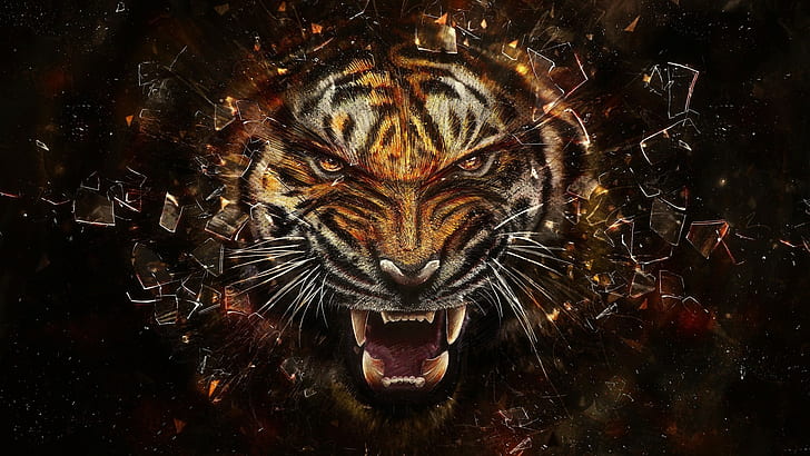 tiger, glass, broken glass, shards, face, teeth, animals, artwork