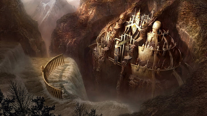 illustration of castle, waterfall, fantasy art, landscape, cave