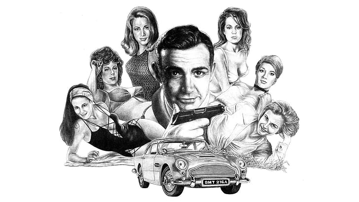 007 James Bond Aston Martin Drawing BW White Sean Connery HD, sketch of james bong with 56 girls, HD wallpaper