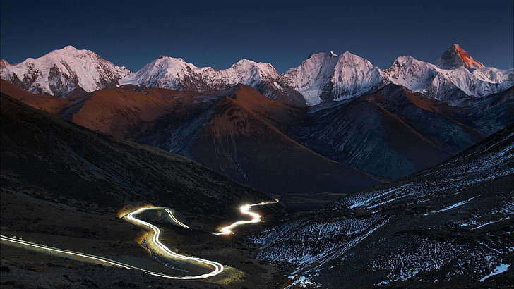 mountain range, light trails, darkness, night, peak, minya konka, HD wallpaper