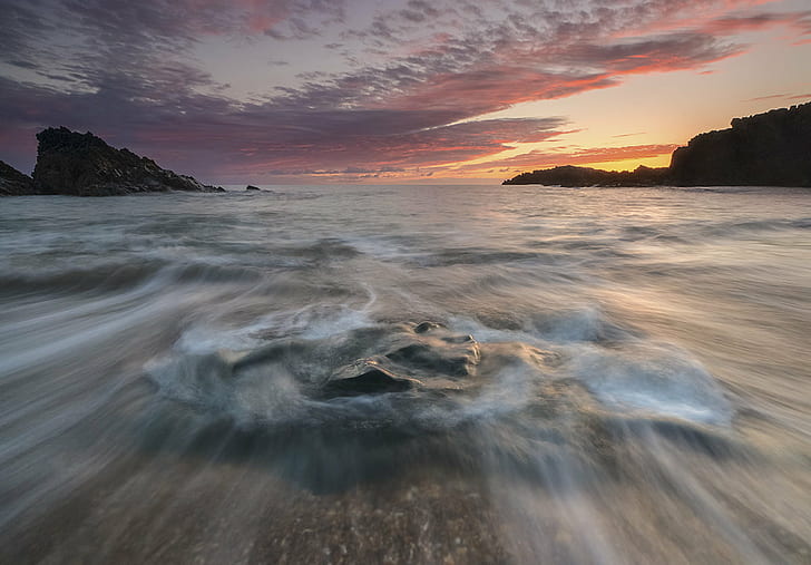 closeup photography of body of water near mountain at golden hour, porth, anglesey, porth, anglesey