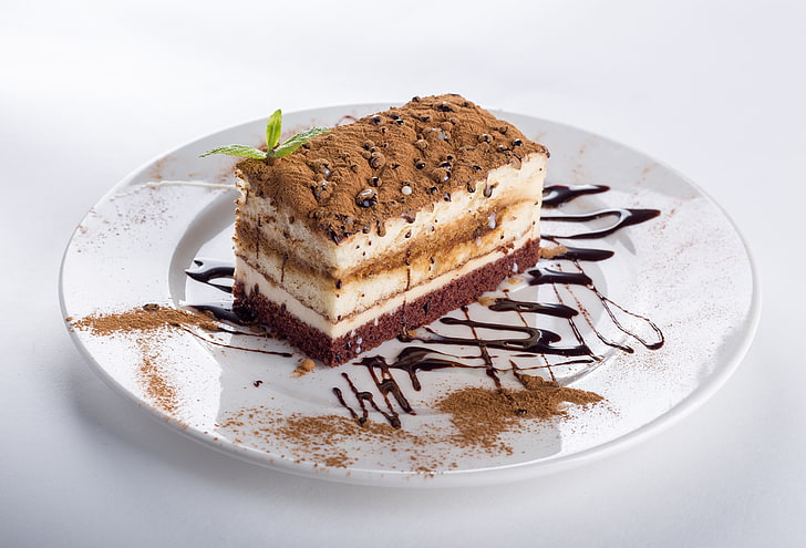 plate of tiramisu, cake, souffles, cream, chocolate, dessert