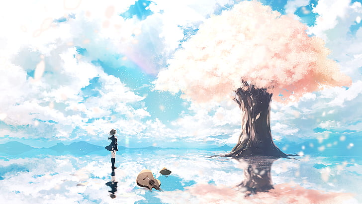 cherry blossom, anime girls, guitar, trees, sky, clouds, reflection