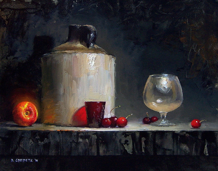 painting of footed cup and jar, light, cherry, glass, berries