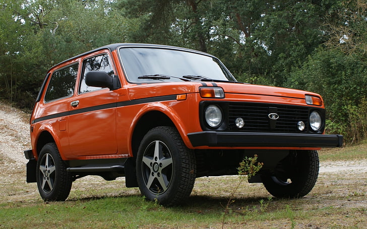 orange Lada vehicle, forest, background, tuning, jeep, SUV, the front