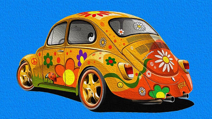 Volkswagon beetle, Hippy, car, painting, HD wallpaper