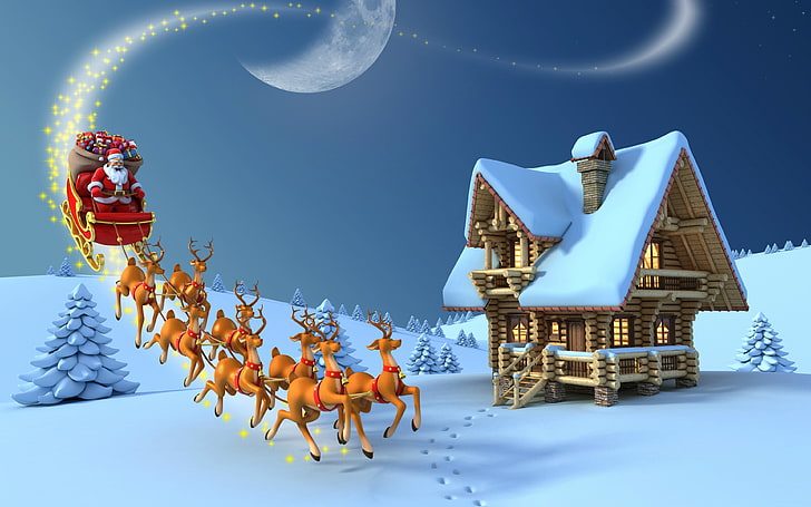 Merry Christmas Reindeer Santa Claus Wooden House Snow Desktop Hd Wallpaper 3840×2400