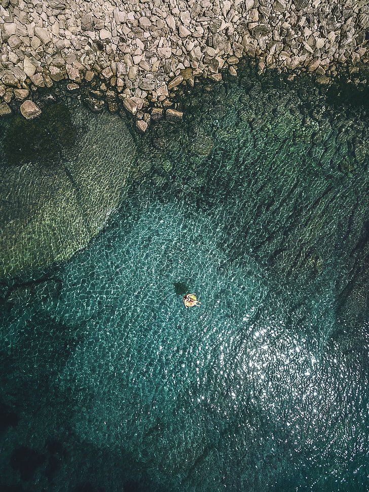 lake, rocks,  floater, drone photo, top view, bird's eye view, HD wallpaper