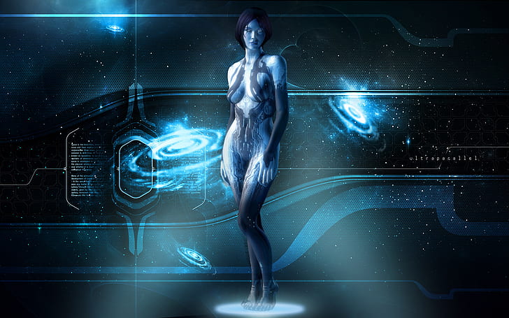Halo Cortana HD, black haired female game character, video games