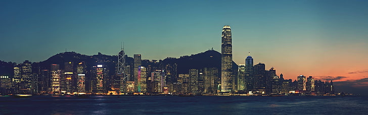 gray concrete buildings, cityscape, Hong Kong, night, multiple display
