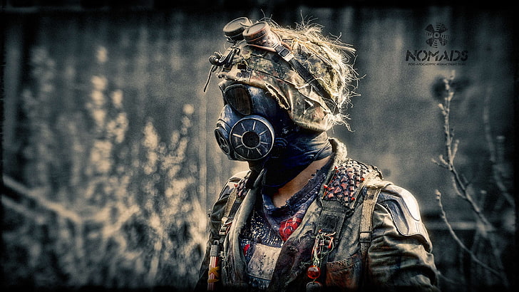 airsoft, nomads, pos apocalyptic, one person, headshot, portrait