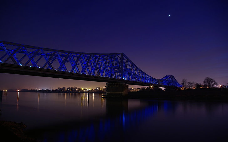 blue concrete bridge, night, sky, lights, water, dark, reflection, HD wallpaper
