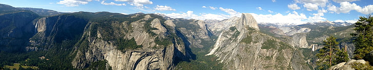 gray and green mountain range, multiple display, Yosemite National Park, HD wallpaper