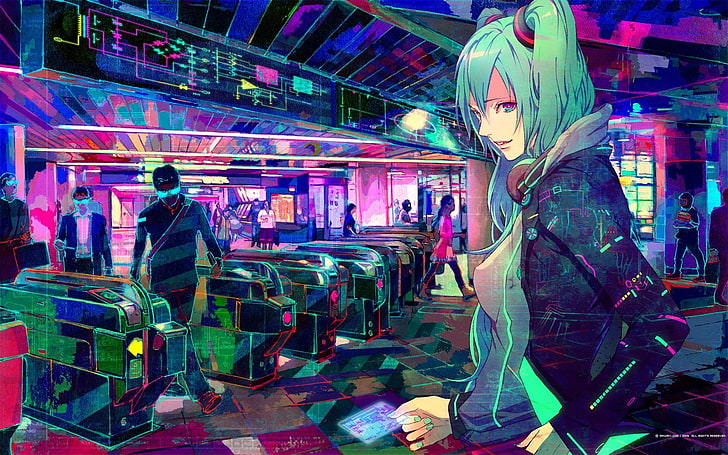 blue hared anime illustration, cyberpunk, headphones, Vocaloid