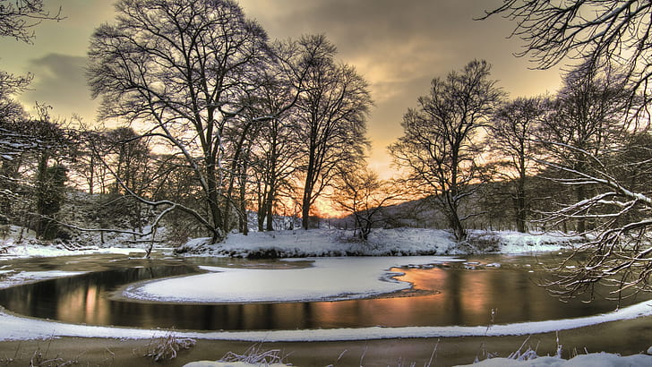 Winter snow, nature landscape, river, trees, dusk