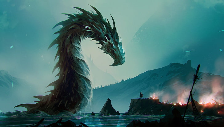 dragon illustration, fantasy art, water, nature, animals in the wild