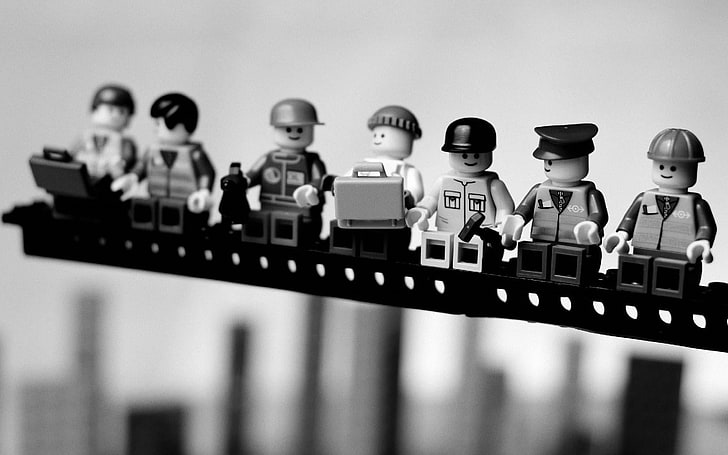 grayscale photo of Lego Minifugure toys, skyscraper, parody, monochrome