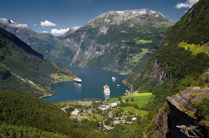 Earth, Geirangerfjord, Cruise Ship, Mountain, Norway, Village