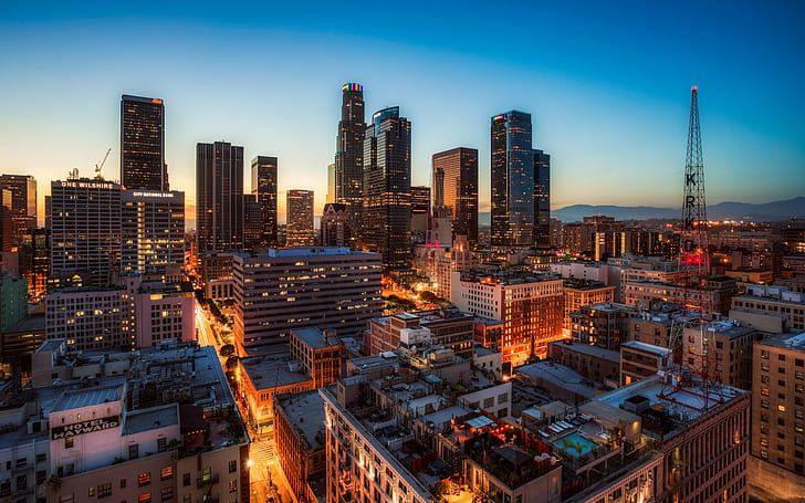 timelapse photography of city skyline during night, Downtown LA, HD wallpaper