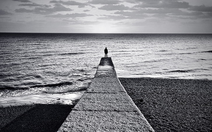 gray dock, alone, beach, sea, feelings, sand, people, monochrome