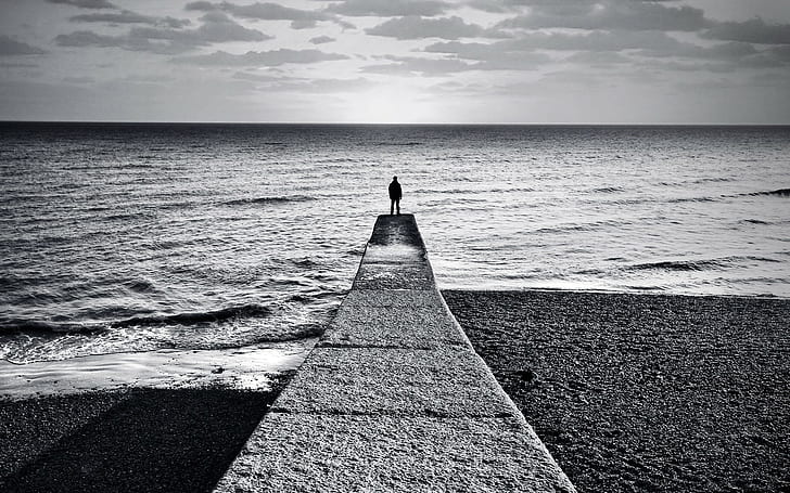 horizon, alone, sand, beach, feelings, monochrome, sea, people, HD wallpaper