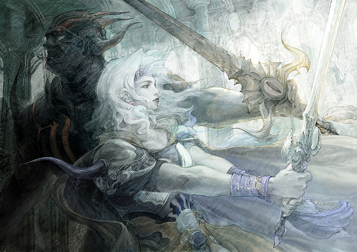 swordsman and swordswoman painting, Final Fantasy IV, Cecil Harvey