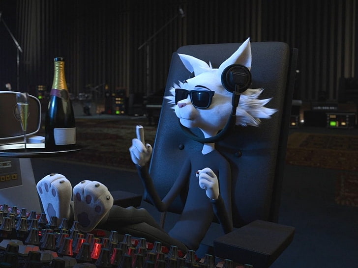 Rock Dog, cat, headphones, drinking glass, bottles, wine, chair