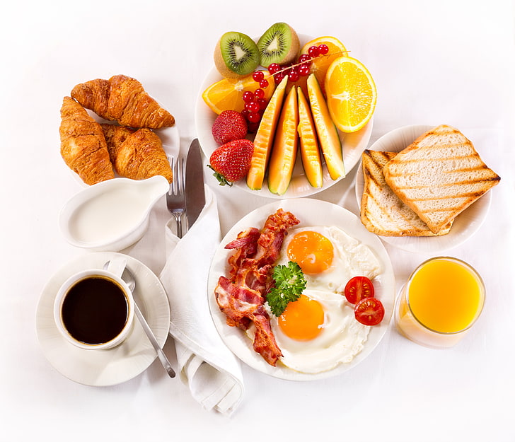 two fried eggs, bacons, tomato slice, two breads, coffee, citrus juice, croissants, strawberry, citrus fruits, mango, kiwi, HD wallpaper