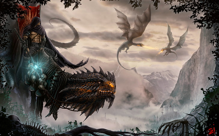 dragons illustration, fantasy art, skull, cloud - sky, tree, nature