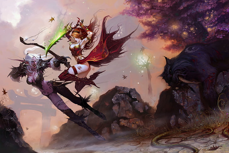 girl character illustration, tiger, battle, Panther, bow, dagger, HD wallpaper