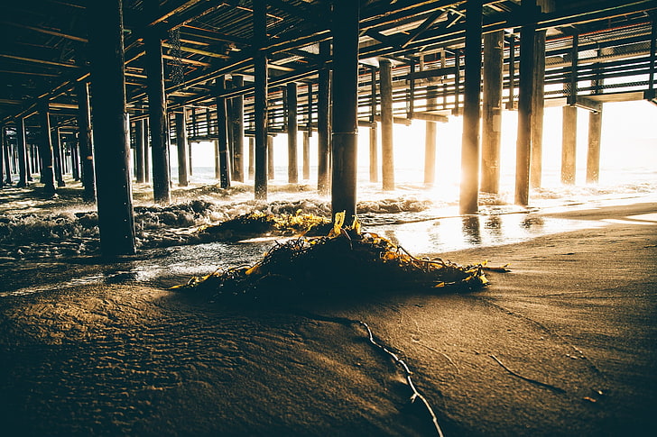 beach, California, sunset, sunlight, seaweed, pier, sand, architectural column, HD wallpaper