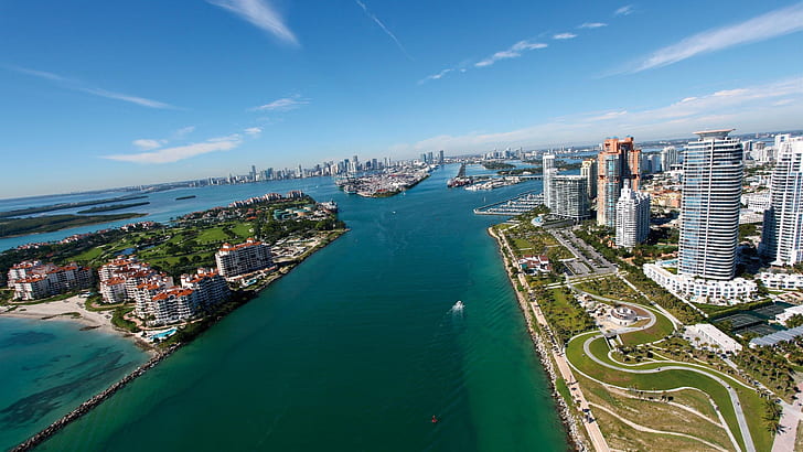 Miami, Florida, cityscape, sea, aerial view
