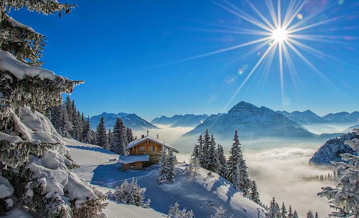 winter, sun rays, cottage, snow, mountains, forest, snowy peak