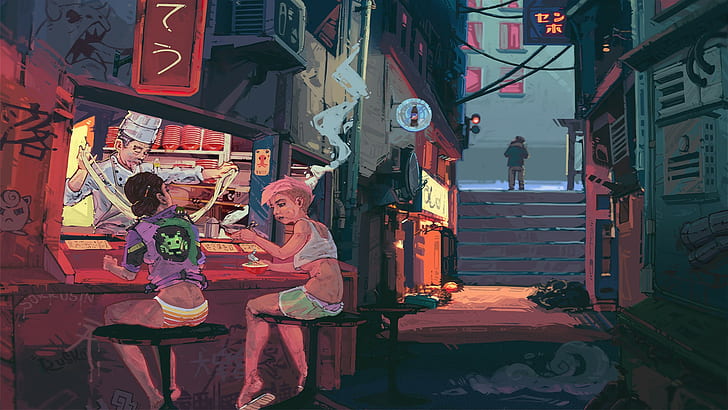 two woman sitting in front of store artwork, cyberpunk, built structure