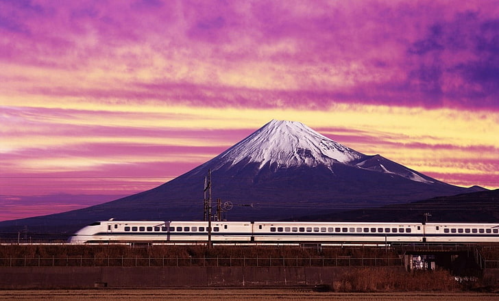 Mount Fuji, train, landscape, Japan, sky, mountain, cloud - sky, HD wallpaper