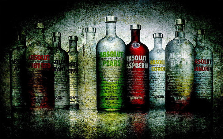 assorted Absolute bottles, GLASS, LIQUID, BRAND, VODKA, ALCOHOL
