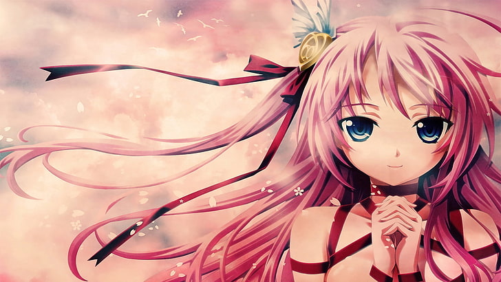 pink haired female anime character, anime girls, long hair, blue eyes, HD wallpaper