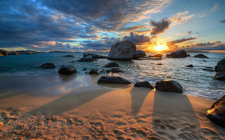 sea, sunset, water, sand, beach, clouds, stones, sunlight, HD wallpaper