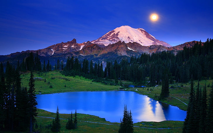 body of water and mountain, landscape, lake, Mount Rainier,  mount rainier national park, HD wallpaper