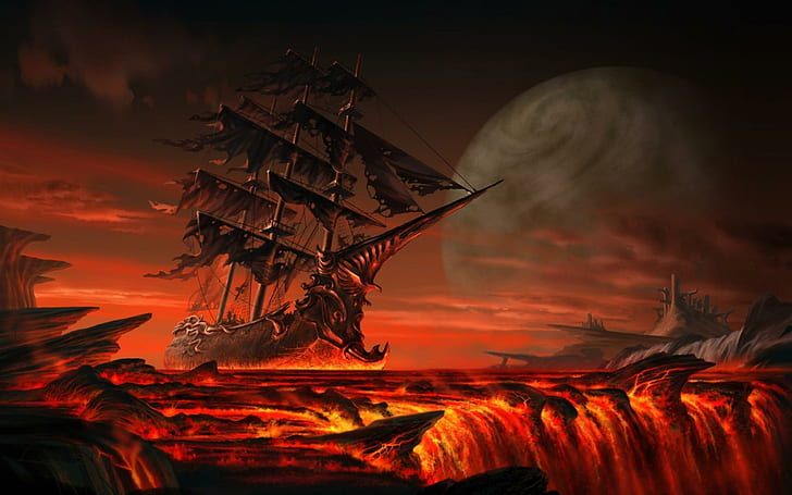 Ghost Ship From Hell, hearth, tattered, navy, smoke, heat, magma