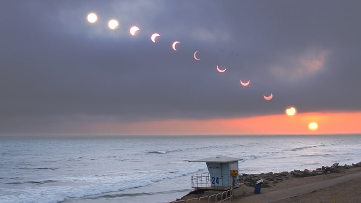 solar eclipse, sea, horizon, sky, nature, water, horizon over water