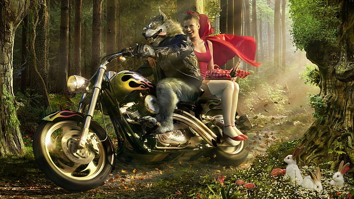 man and woman riding on cruiser motorcycle illustration, Little Red Riding Hood