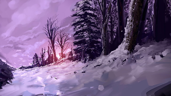 bare tree on snowy field digital wallpaper, fantasy art, forest